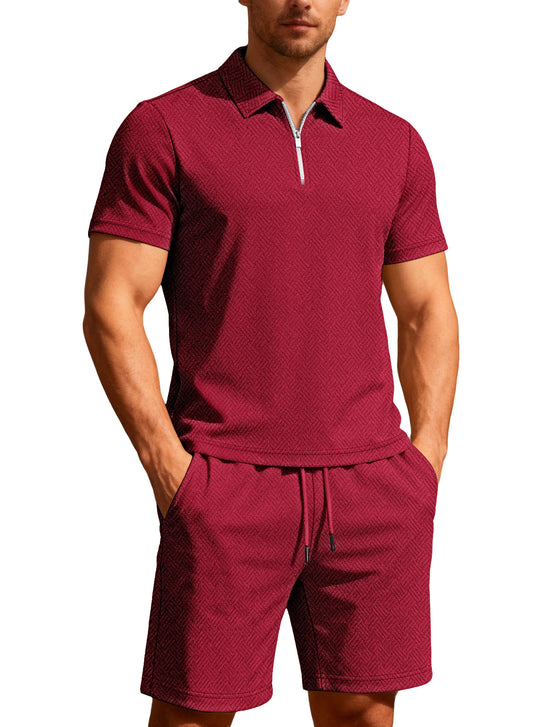 Herren nan komfortables Lounge-Zweiteiler aus strukturierter Baumwollmischung mit Halbzip-Poloshirt und Kordel-Shorts R&B