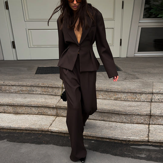 Damen eleganter Hosenanzug mit tailliertem Blazer und weitem Bein R&B