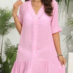 Damen sommerliches Strandkleid mit kurzen Ärmeln und Rüschensaum R&B
