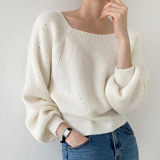 Damen Eleganter Grobstrickpullover mit offener Schulterpartie und weiten Ärmeln R&B