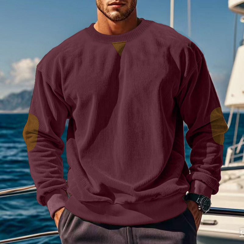 Herren Grobstruktur Pullover mit Ellbogenpatches und Rundhalsausschnitt R&B