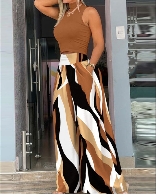 Damen angesagtes Outfit mit ärmellosem Oberteil und weitem Rock R&B