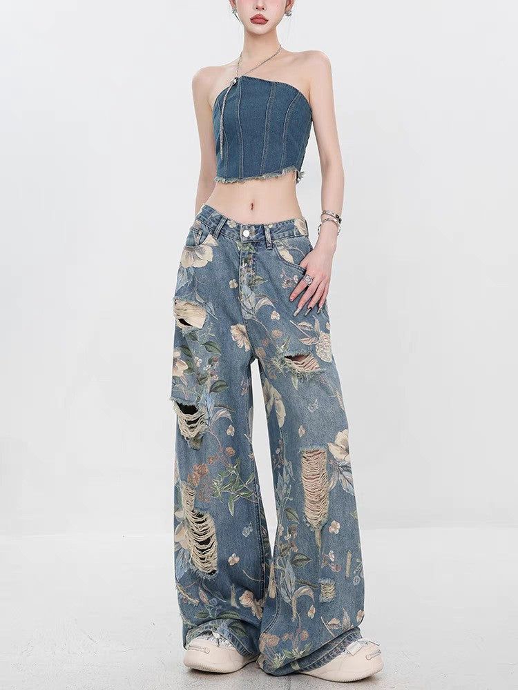 Damen Weit geschnittene Jeans mit floralem Design und schickem Destroyed-Effekt R&B