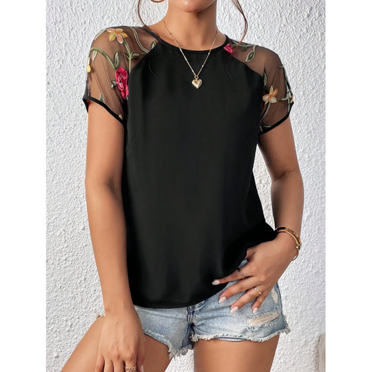 Damen Bluse mit transparenten Spitzenärmeln und floralen Details R&B