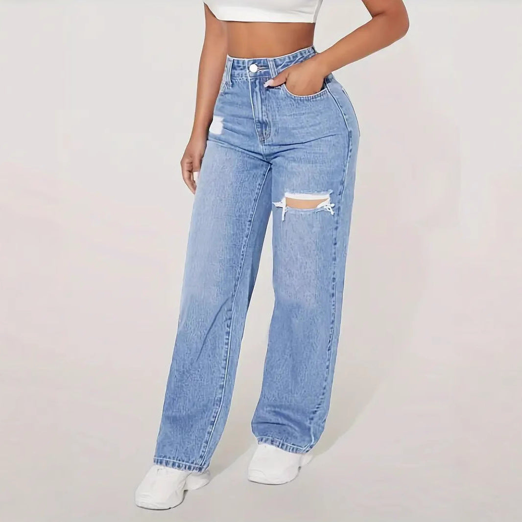 Damen Weite Denim-Hose mit trendigen Rissdetails und hohem Bund R&B