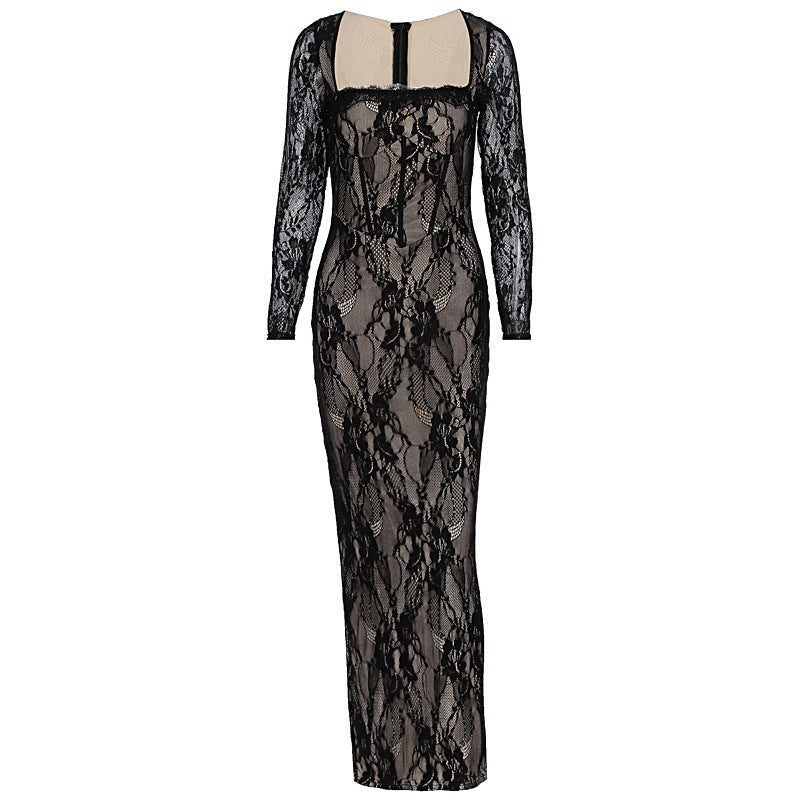 Damen Spitzenmaxikleid mit durchscheinenden Einsätzen R&B