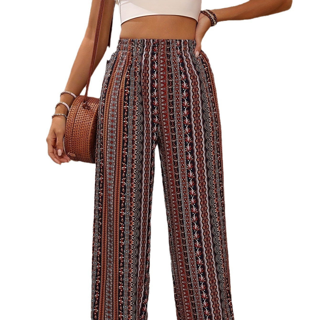 Damen weite Palazzo-Hose mit buntem Ethno-Design und elastischem Bund R&B