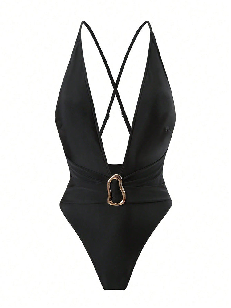 Damen Einteiler Badeanzug mit tiefem V-Ausschnitt und elegantem Gürtel R&B