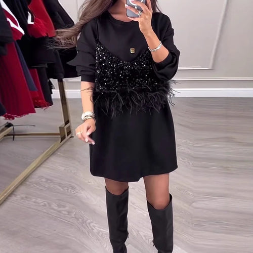 Damen nan Sweatshirt-Minikleid mit Pailletten-Front und Federbesatz R&B