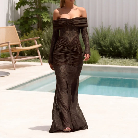 Damen Elegantes schulterfreies Maxikleid mit gerafftem Design und langen Ärmeln R&B