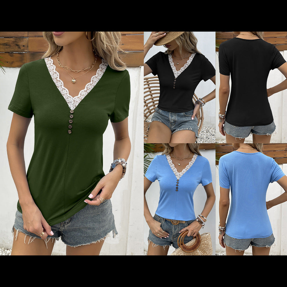 Damen V-Ausschnitt T-Shirt mit Spitzenbesatz und Holzknopfdetail R&B
