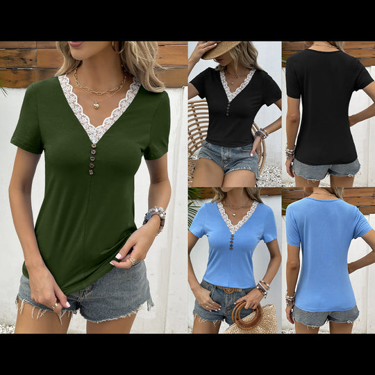 Damen V-Ausschnitt T-Shirt mit Spitzenbesatz und Holzknopfdetail R&B