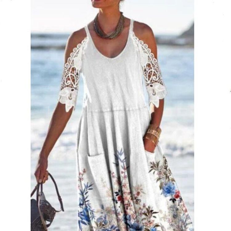 Damen nan fließendes Maxikleid mit Schulterausschnitten Häkelspitzenärmeln A‑Linien‑Schnitt und Eingrifftaschen R&B