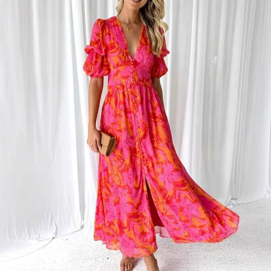 Damen Maxikleid mit Blumenmuster und V-Ausschnitt R&B