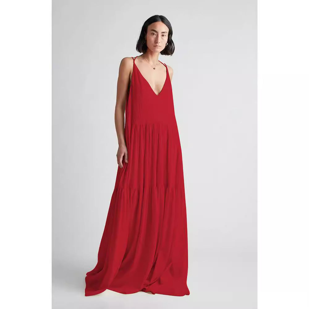 Damen Maxikleid mit tiefem V-Ausschnitt und voluminösem Rock R&B