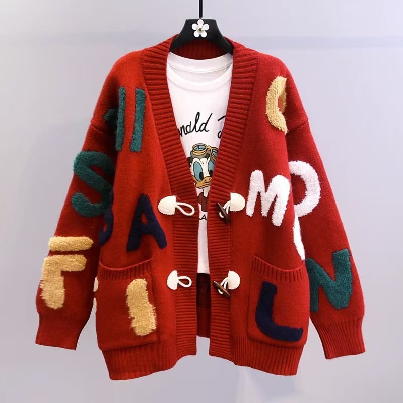 Damen Grobstrick-Cardigan mit bunten Applikationen und großen Taschen R&B