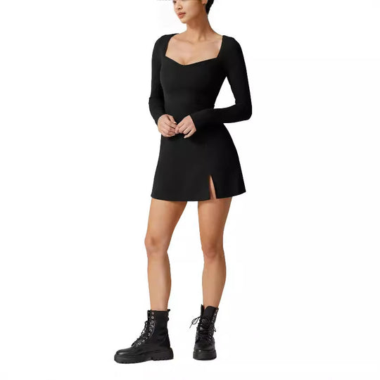 Damen elegantes Minikleid mit tiefem Herzausschnitt und langen Ärmeln R&B