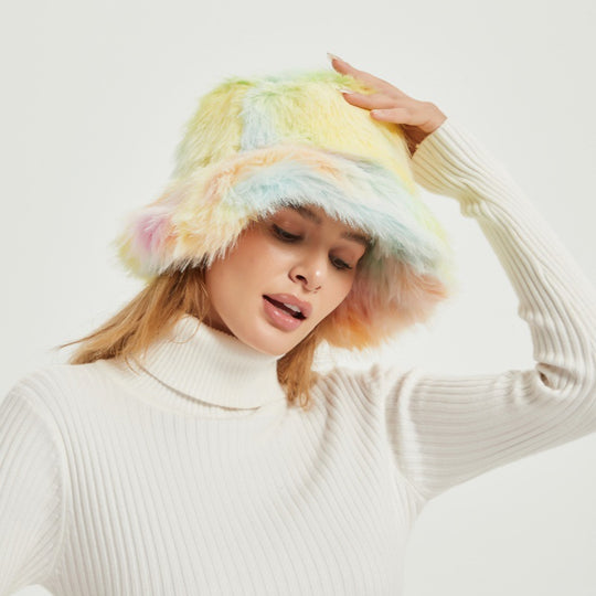 Damen trendige Kunstfell-Hut mit buntem Farbverlauf R&B