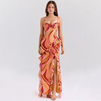 Damen Maxi-Kleid mit Rüschendetails und fließendem Muster R&B