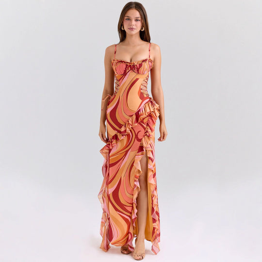 Damen Maxi-Kleid mit Rüschendetails und fließendem Muster R&B