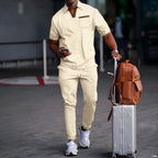 Herren nan lässiges Freizeitset aus elastischem Jersey mit V-Ausschnitt Brusttasche und Kordelbund R&B