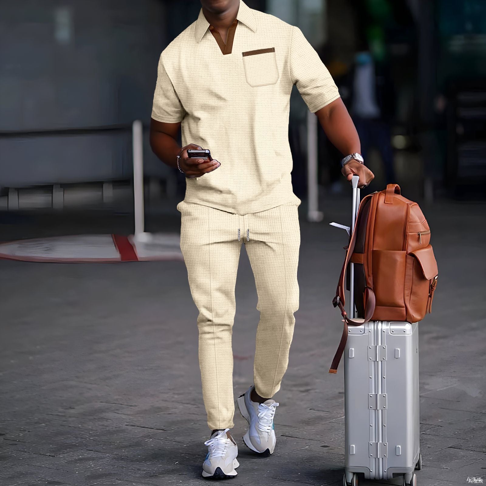 Herren nan lässiges Freizeitset aus elastischem Jersey mit V-Ausschnitt Brusttasche und Kordelbund R&B