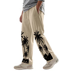 Herren nan weite Freizeit-Hose aus Baumwoll-Leinen-Mix mit Palmenprint, Elastikbund und Kordelzug R&B