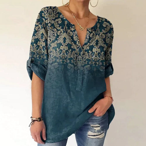Damen nan V-Ausschnitt-Tunika im Leinenlook mit ornamentalem Bordürenprint, krempelbaren Ärmeln und gerundetem Saum R&B