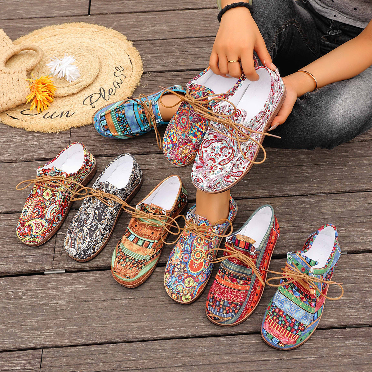 Damen modische Schnürschuhe mit floralem Muster und komfortabler Sohle R&B