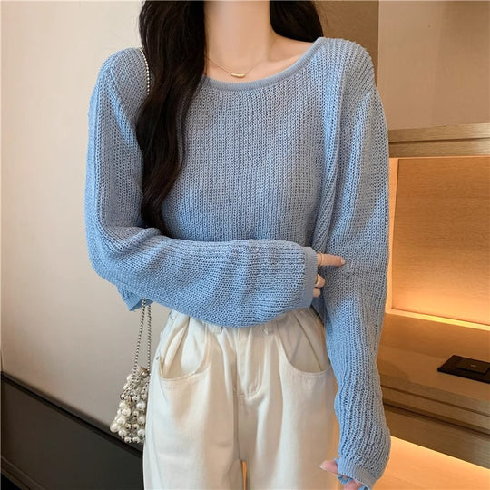 Damen Cropped Strickpullover mit feinem Gewebemuster und lässigen Schulterpartien