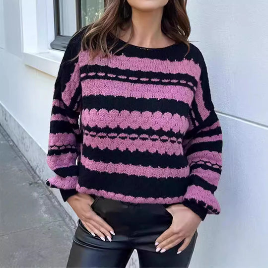 Damen gemütlicher Strickpullover mit modernem Zopfmuster und grafischen Akzenten R&B
