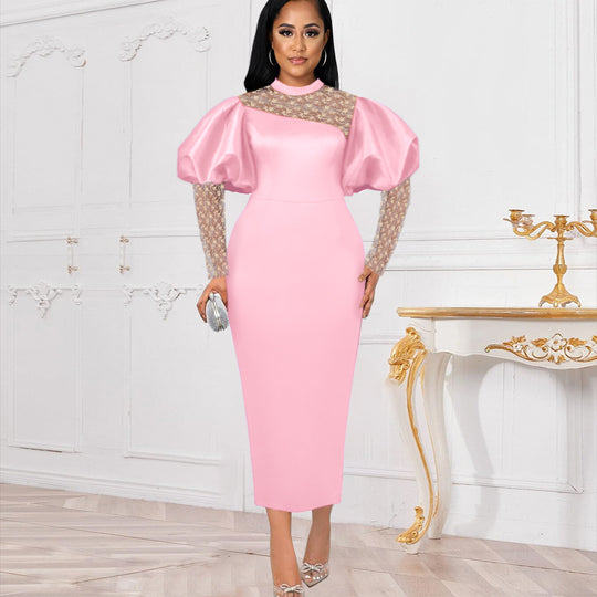 Damen Midi-Kleid mit langen Spitzenärmeln und voluminösen Puffärmeln R&B