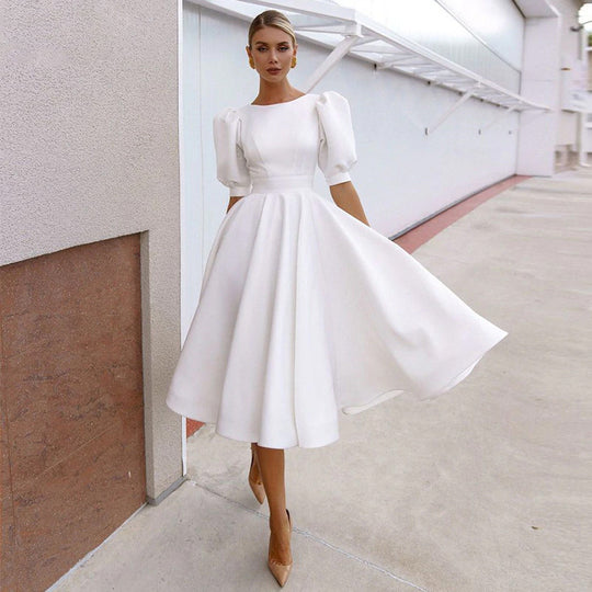 Damen A-Linie Kleid mit Puffärmeln und Taillierung R&B