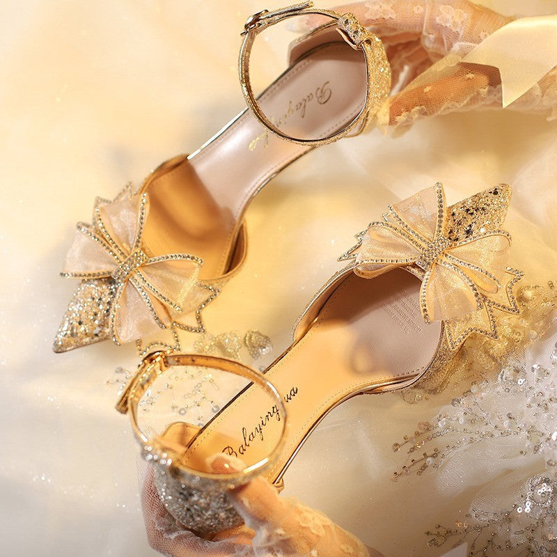 Damen elegante High-Heels mit funkelndem Strass und Schleifenakzent R&B