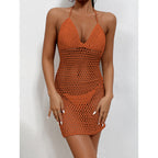 Damen Häkel-Strandkleid mit tiefem V-Ausschnitt und transparentem Netzdesign R&B