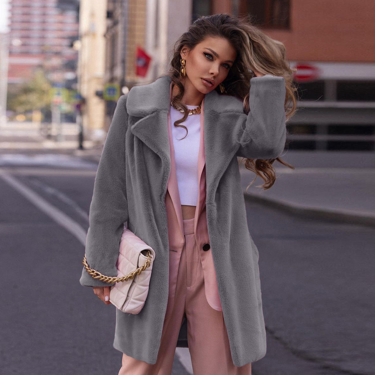 Damen Eleganter Kunstpelzmantel mit breitem Revers und weitem Schnitt R&B