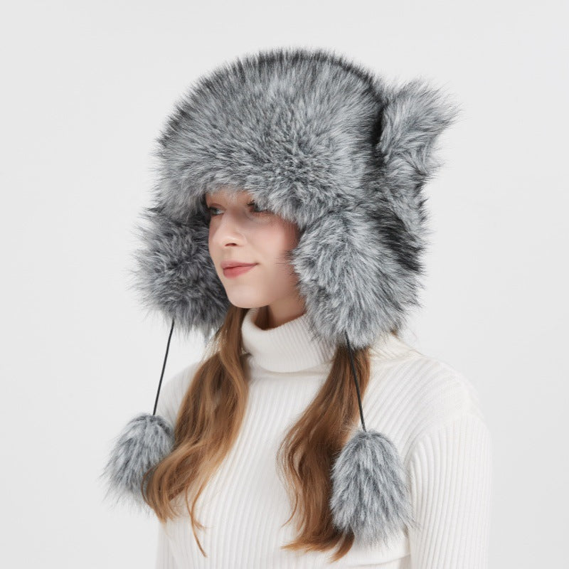 Damen Kuschelige Fellmütze mit Ohrenschutz und Bommel R&B