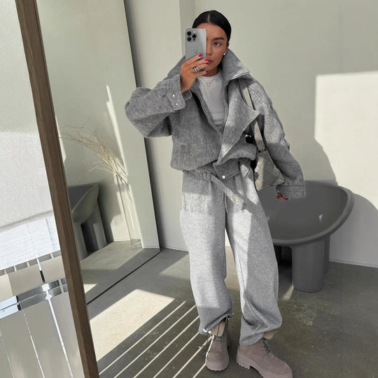Damen Oversized Wolljacke mit Bindegürtel und lässigem Schnitt R&B