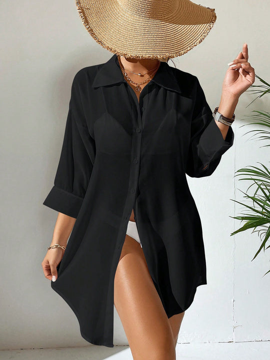 Damen lässige Strandbluse aus transparentem Stoff mit Knopfverschluss R&B