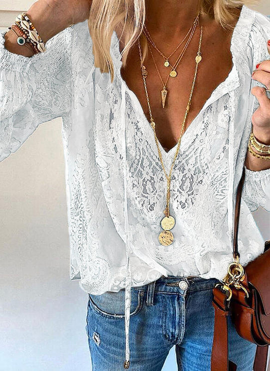 Damen Elegante und feminine Bluse mit V-Ausschnitt und Spitzenakzenten R&B