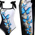 Damen Einteiler Badeanzug mit schickem Wickelrock und Butterfly-Motiv R&B