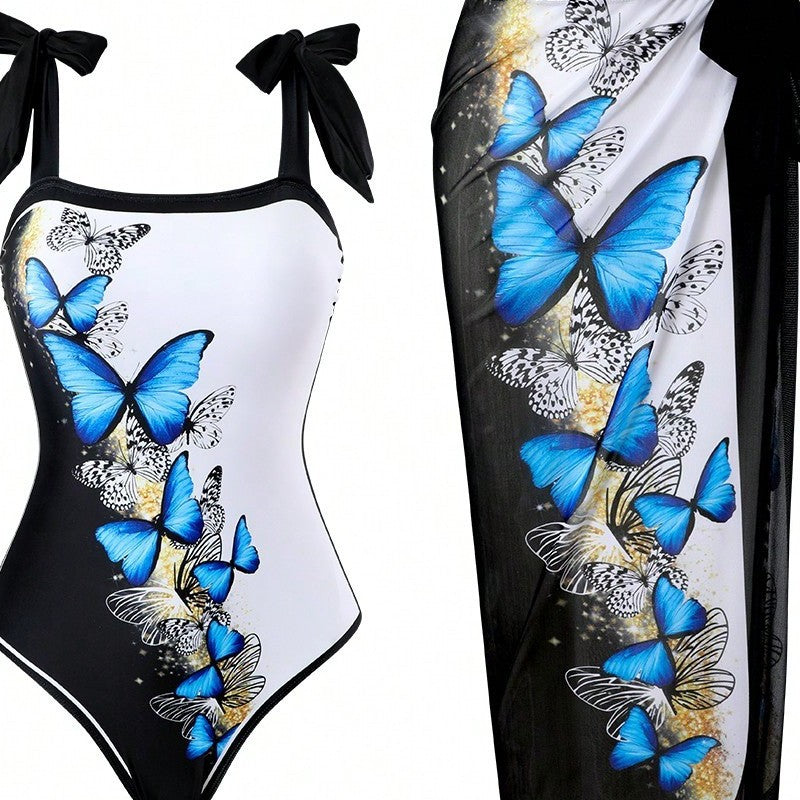Damen Einteiler Badeanzug mit schickem Wickelrock und Butterfly-Motiv R&B