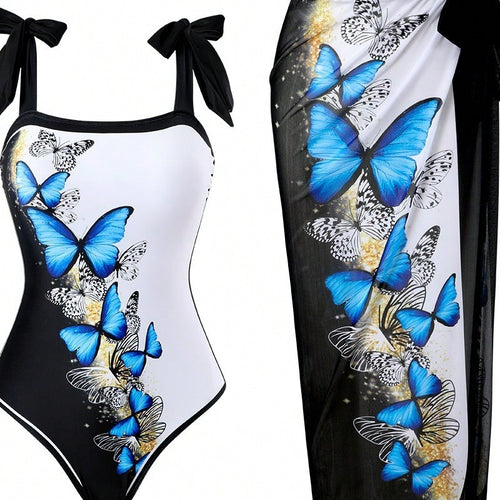Damen Einteiler Badeanzug mit schickem Wickelrock und Butterfly-Motiv R&B