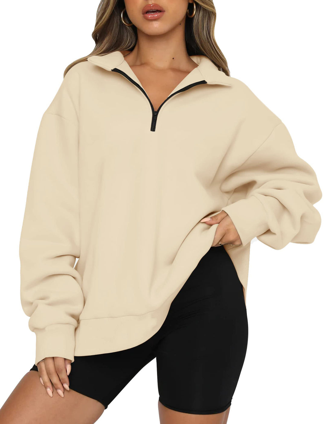 Damen Sportlicher Oversized Pullover mit Reißverschluss und seitlichem Schlitz R&B