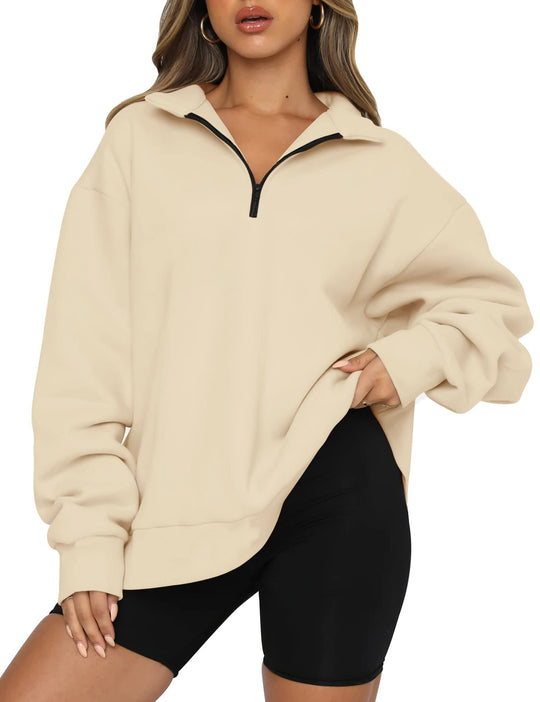 Damen Sportlicher Oversized Pullover mit Reißverschluss und seitlichem Schlitz R&B