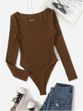 Damen Langarm Bodysuit mit Rippstruktur und tiefem U-Bootausschnitt R&B
