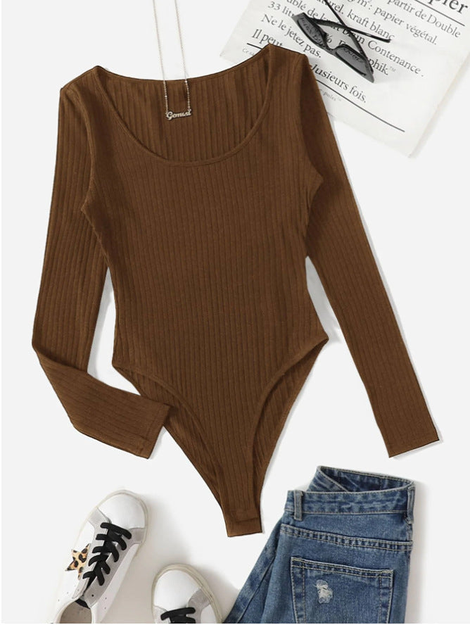 Damen Langarm Bodysuit mit Rippstruktur und tiefem U-Bootausschnitt R&B