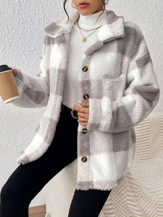 Damen Modische Plüschjacke im Karomuster R&B