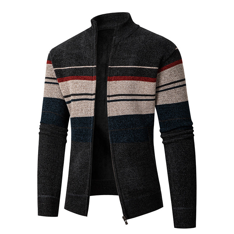 Herren modische Strickjacke mit kontrastierenden Streifen und hochabschließendem Kragen