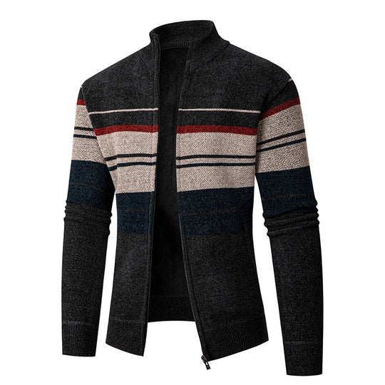 Herren modische Strickjacke mit kontrastierenden Streifen und hochabschließendem Kragen R&B